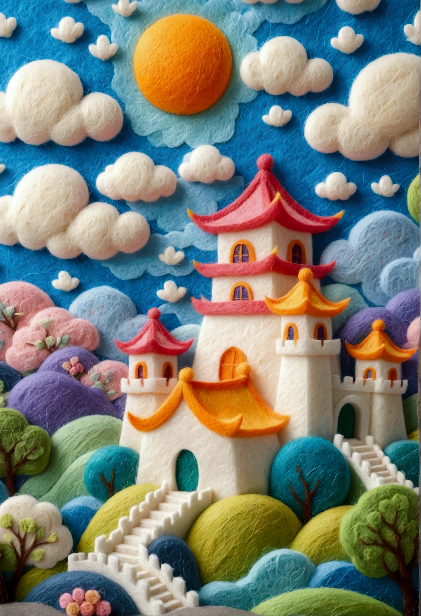 very strong felt style:1.59.A painting depicting a Chinese castle，Pop 3D Ultra Detailed
