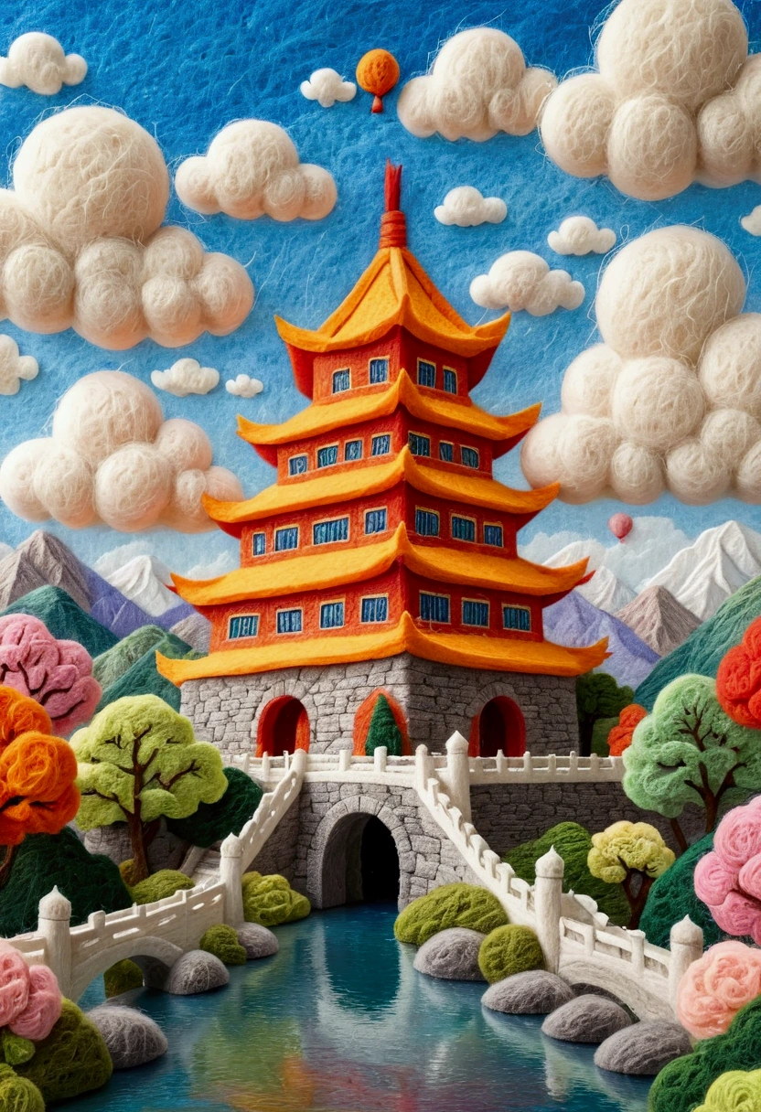 Ancient painting giant pen, Poetic, beijing, Great Wall of China, balloons，closeup cleavage, Gradient, Golden architecture, Orange background, Trees and emperors decorate paradise