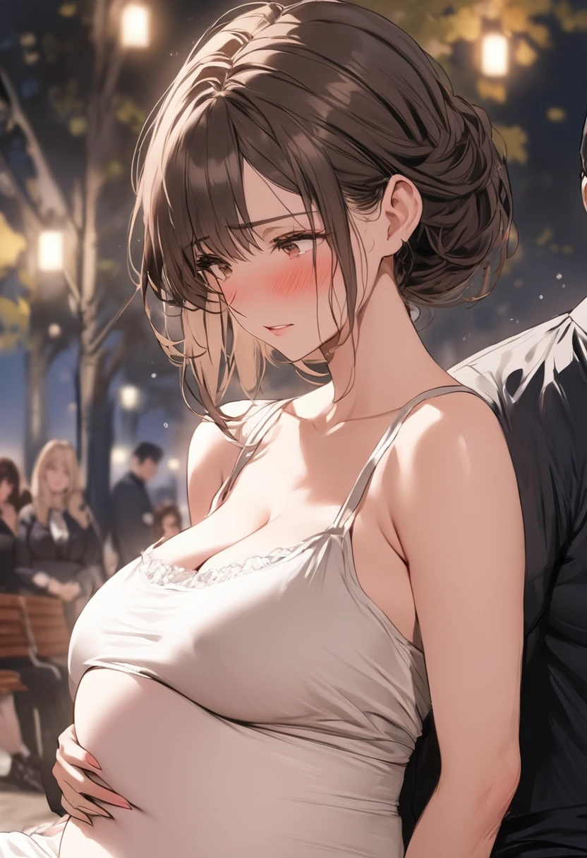 ((Best Quality)), ((masterpiece)), (detailed), (One Woman One Man), Sexy, height１６８Busty housewife with black hair and 100cm bust, Mature Woman, (((Short dark brown hair))), Mature Woman, A mother with watery eyes, A pregnant woman with a slightly enlarged belly wearing maternity wear, (I look down and hold back my tears), She places her hands on her stomach and looks sadly, Sitting on a park bench on a pitch black night