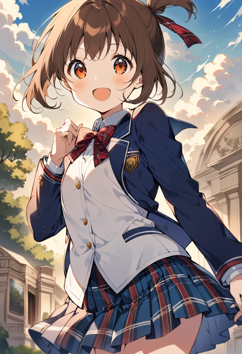 1 cute girl,
(brown hair, top knot),
(dark orange eyes, tareme),
smile,
open mouth,

looking at viewer,

(dark blue blazer School custom),
(white Y-shirt),
(dark red plaid ribbon),
(blue plaid pleated skirt),

cowboy shot, solo, 

(depth of field),
noon sky, little cloud,
a museum,
tree in the front yard,