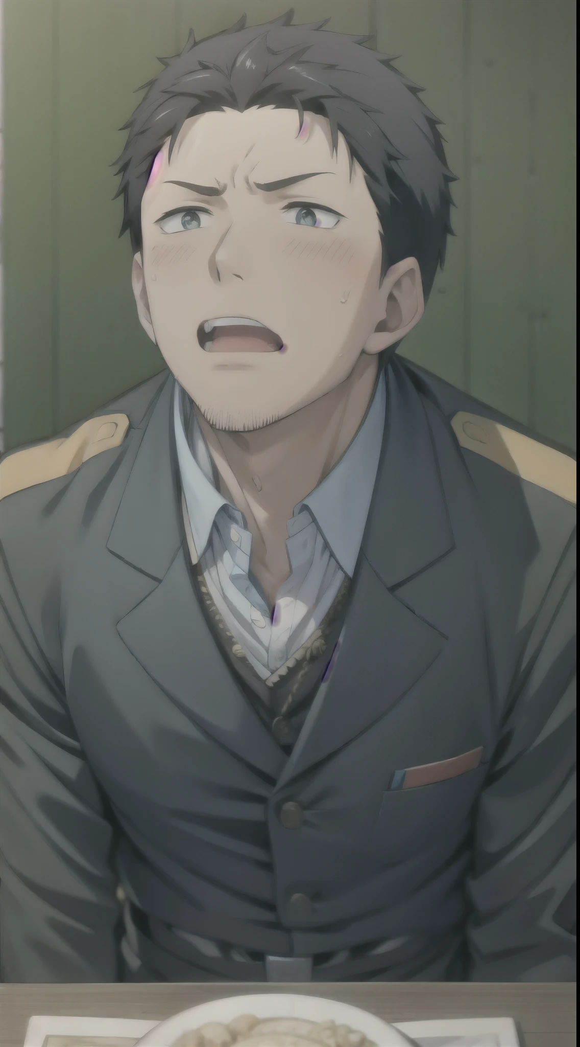 Hector Fay, Ultra high quality cg, solitary, Looking at the audience, Open your mouth, Sweating, Wet, Drooling, Gloves, 1 man,, Male focus, tie，shirt， military uniform，Lie down with your legs open
