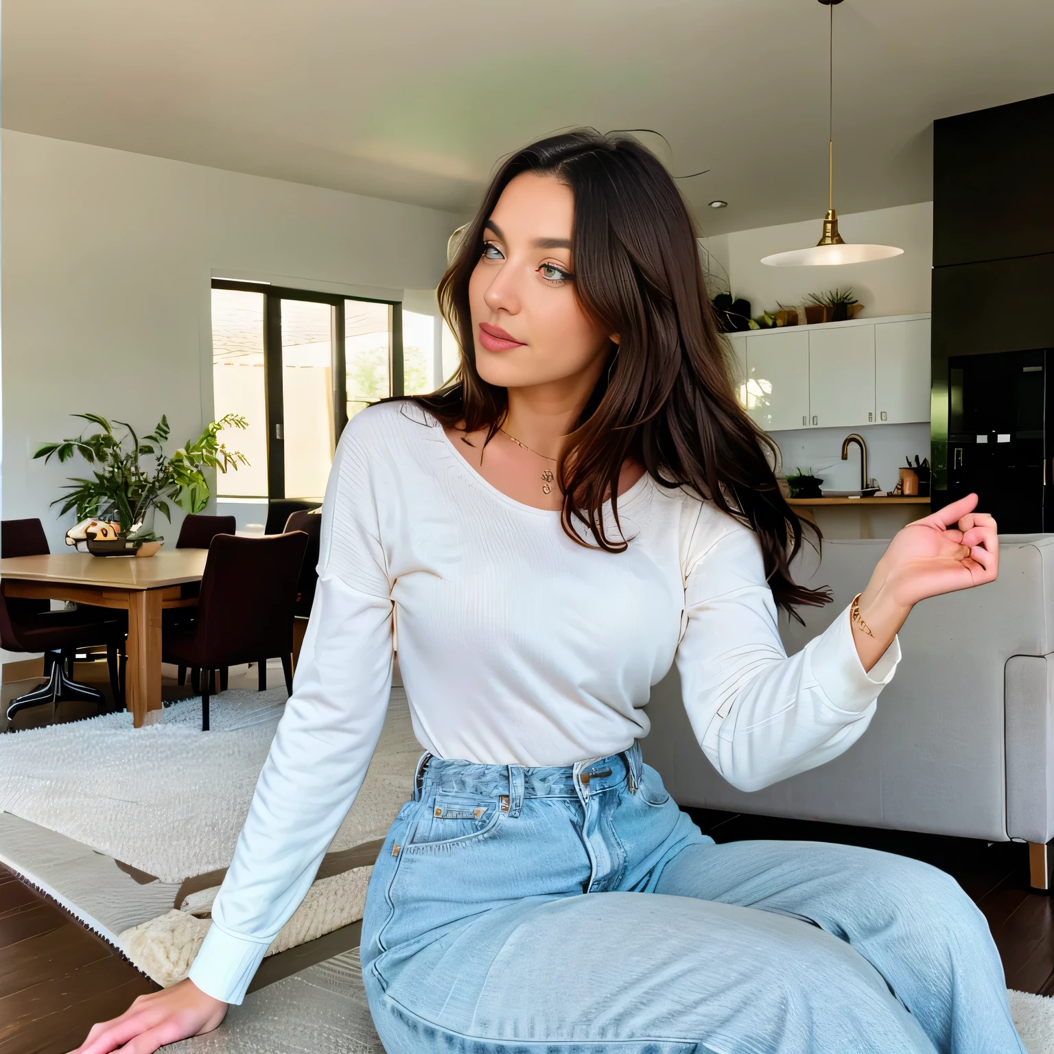 Describe a young woman with fair skin and long brown hair, dressed in a dark blue top and tight white pants that highlight her curves. She is in a closed environment, which appears to be an elegant and well-kept living room. No fundo, there is a large window with a white curtain and green bushes around it, conveying a feeling of tranquility and care for details. The natural light that enters through the window gently illuminates the room, highlighting the woman's figure.