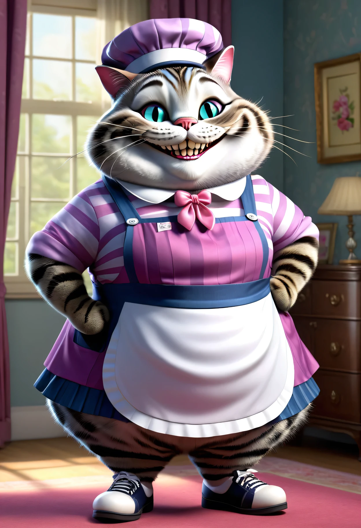 photorealistic portrait of Dressed animals - a ((fat)) (Cheshire cat) nurse,(elegant pose:1.2),(hands on hips:1.5), (elegant smile:1.2),(furry),high quality,(lovely) ,intricate details, highly detailed ((purple striped nurse costume)), wearing nurse cap and skirt , highly detailed medical equipment , (happy), perfect room lighting,(full body image:1.5),(hospital background:2.0)