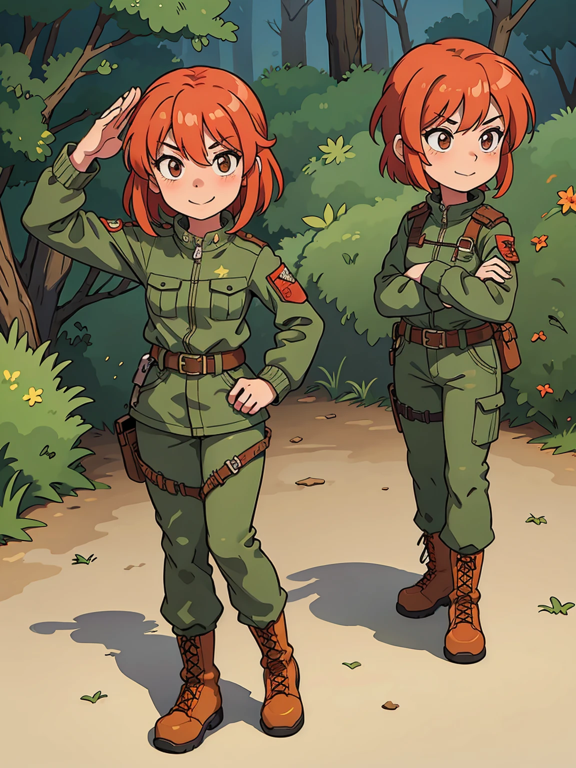 a girl with red hair, wearing camouflage jacket, camouflage balaclava, camouflage pants, military belt and military boots, standing on a plain and saluting with a smile. Anime cartoon style 