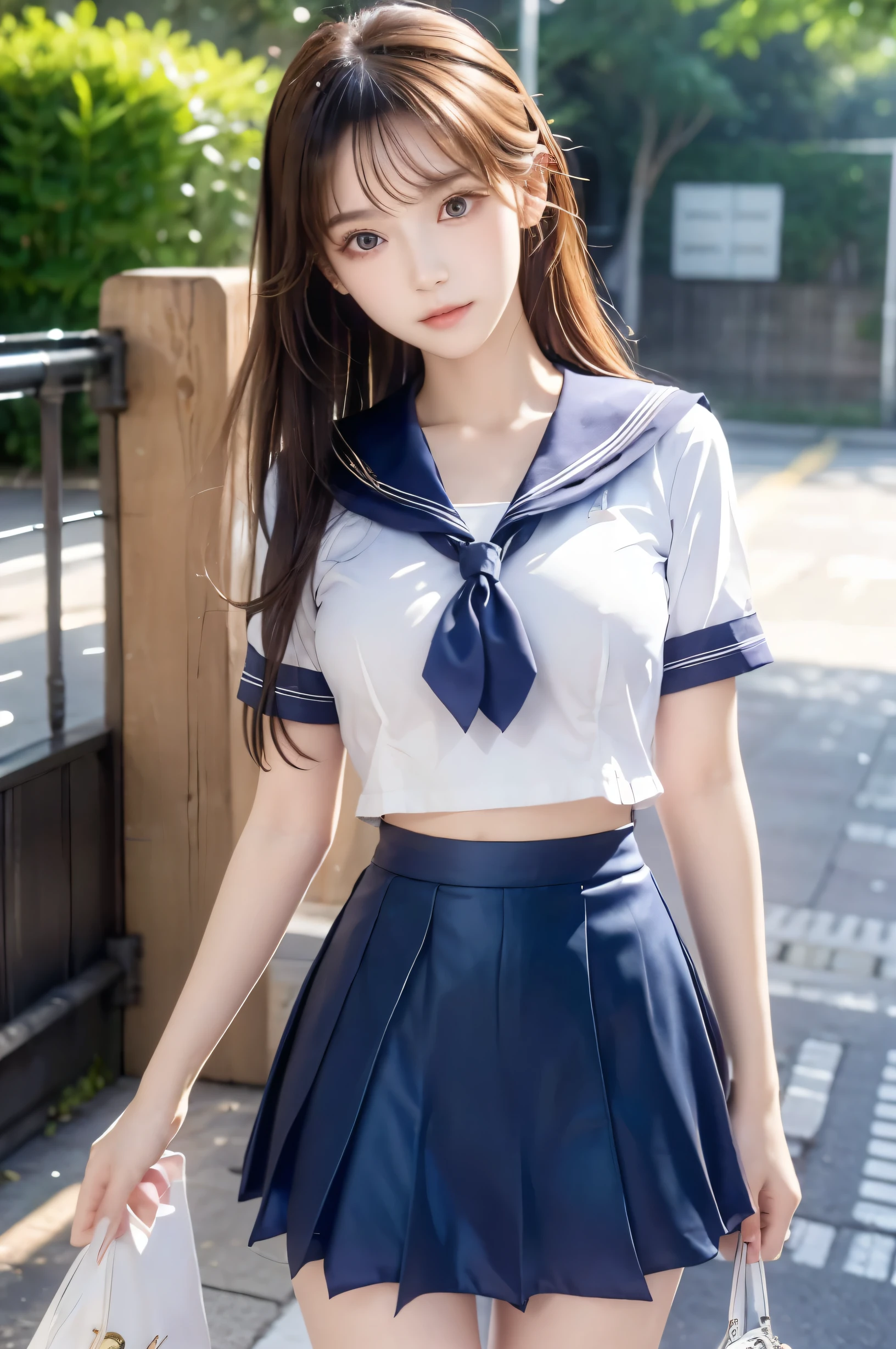 (Ultra HD), (Looking at me), (Short-sleeved sailor uniform, Navy blue mini skirt), Big Breasts, Super beautiful breasts, Slender, (Thin legs:1.2), (Thin thighs:1.2), (Thin Hips:1.4), (Beautiful Skin, Shiny skin, White skin), (Super slim face, Super beautiful face, No makeup, Smile:0.6), (Light Brown, Long Hair, Layered Cut, Fluffy hair), (Big eyes:1.3, High corners of the eyes:1.6, double eyelid), (Thin eyebrows:0.1), (Small Nose:0.6), (Thin lips:0.6), Beautiful Hands, Empty-handed, Standing, In front of the school gate