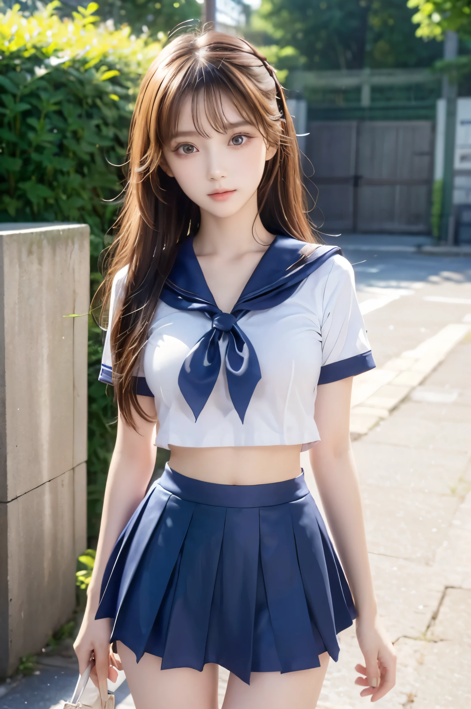 (Ultra HD), (Looking at me), (Short-sleeved sailor uniform, Navy blue mini skirt), Big Breasts, Super beautiful breasts, Slender, (Thin legs:1.2), (Thin thighs:1.2), (Thin Hips:1.4), (Beautiful Skin, Shiny skin, White skin), (Super slim face, Super beautiful face, No makeup, Smile:0.6), (Light Brown, Long Hair, Layered Cut, Fluffy hair), (Big eyes:1.3, High corners of the eyes:1.6, double eyelid), (Thin eyebrows:0.1), (Small Nose:0.6), (Thin lips:0.6), Beautiful Hands, Empty-handed, Standing, In front of the school gate