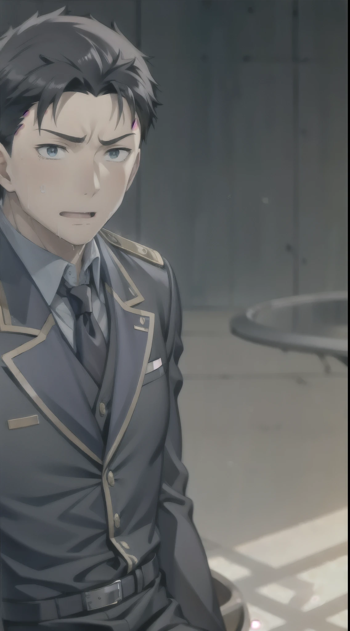 Hector Fay, Ultra high quality cg, solitary, Looking at the audience, Open your mouth, Sweating, Wet, Drooling, Gloves, 1 man,, Male focus, tie，shirt， military uniform，Lie down with your legs open
