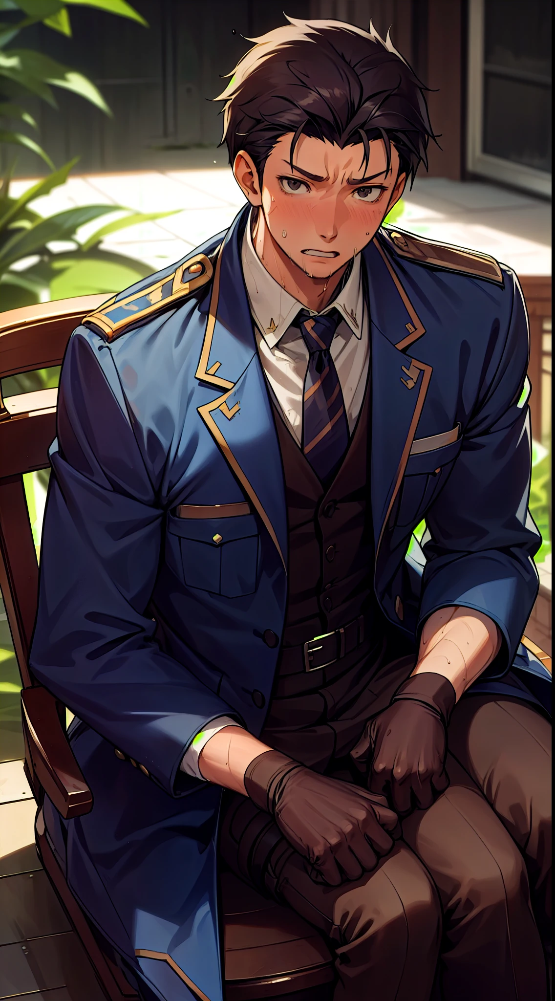 Hector Fay, Ultra high quality cg, solitary, Looking at the audience, Open your mouth, Sweating, Wet, Drooling, Gloves, 1 man, whole body, Sitting astride，Male focus, tie，shirt， uniform，Thigh holster
