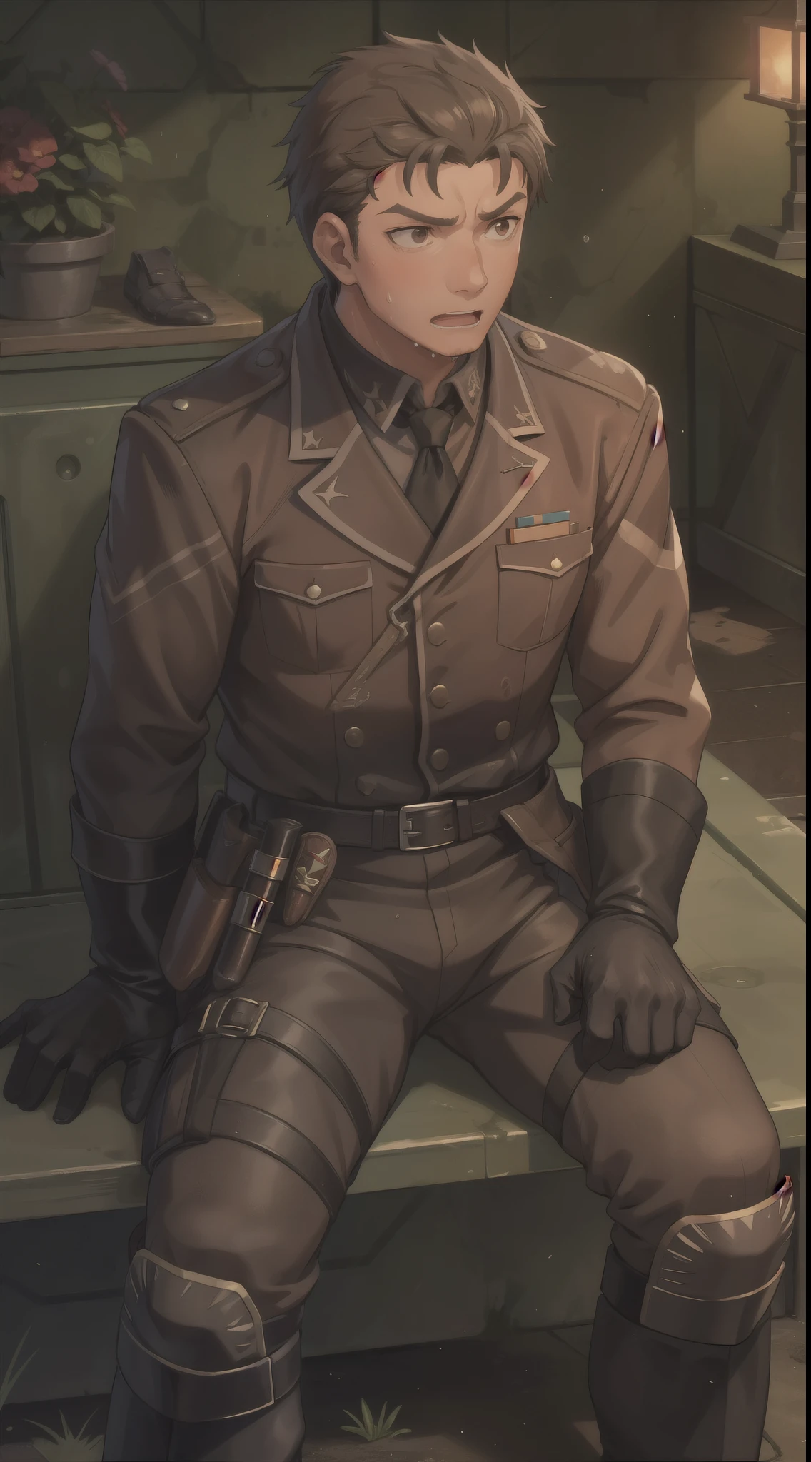 Hector Fay, Ultra high quality cg, solitary, Looking at the audience, Open your mouth, Sweating, Wet, Drooling, Gloves, 1 man, whole body, Sitting astride，Male focus, tie，shirt， military uniform，Military Pants，A holster on his thigh，Wearing dirty combat boots
