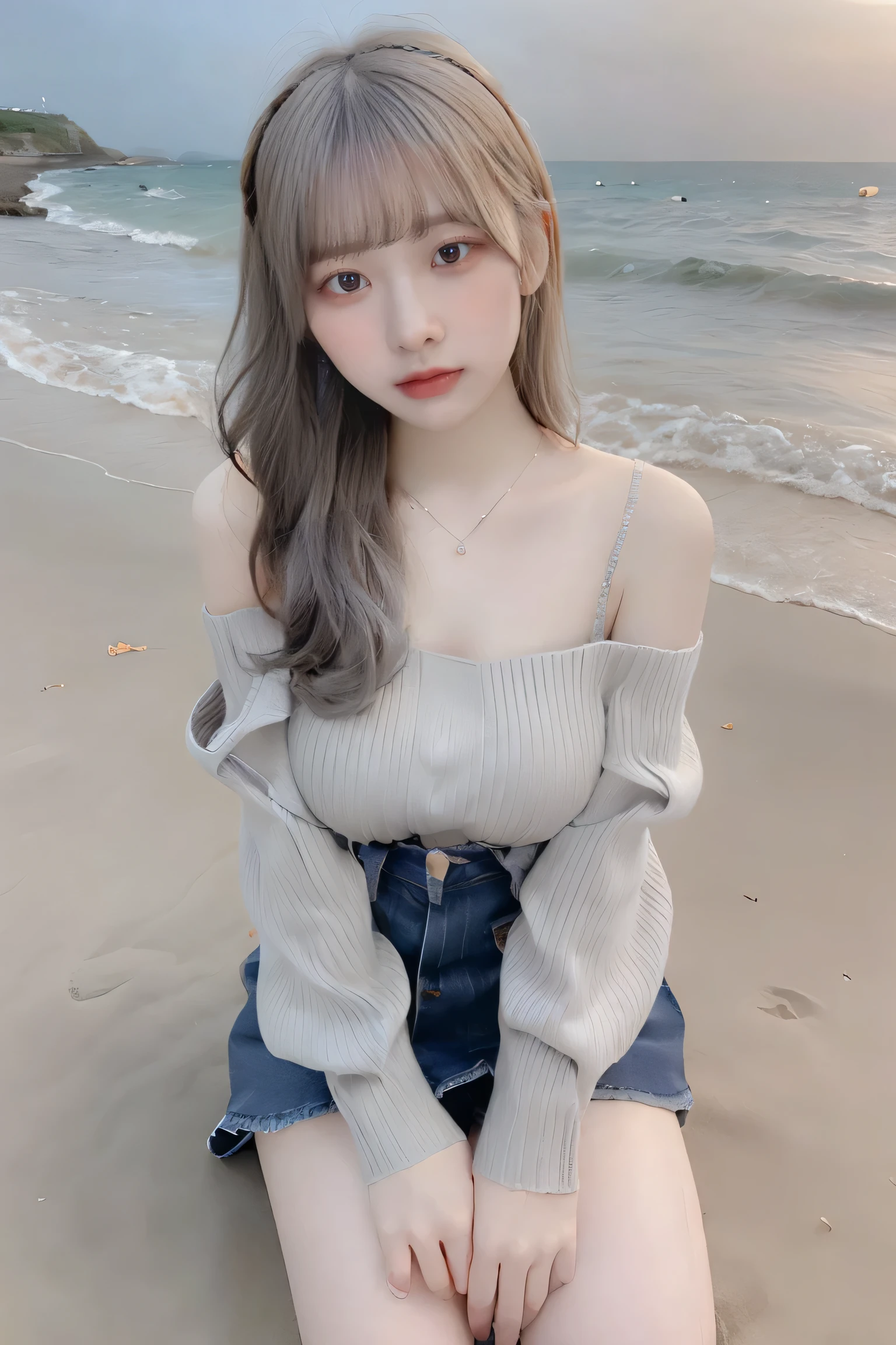 ((blunt bangs)),((light amber and gray hair)), ((light gray and gray hair )), ,((light amber and gray hair)), ((light gray and gray hair )), ((light silver and light gray)),((light amber and gray hair)), ((light gray and gray hair )), ((light silver and light gray)),((light silver and light gray hair)), ((blunt bangs)),((light amber and gray hair)), ((light silver and light gray hair, ((light gray and gray hair)), (((light amber and gray hair))), ,(((light amber and gray hair))), ((light gray and gray hair )) ,((light silver and light gray hair)) ,(((light amber and gray hair))), ((light amber and gray hair)),((((woman sitting on a dusky beach, waves hitting her feet)))),(masterpiece, highest quality, Realistically, work, Very detailed, 8k), ((Wide-angle lens, Full body woman love)), 1 girl,light makeup,exquisite features,smile,exquisite crystal jewelry,Heart-shaped necklace,Crystal Headband,Light brown hair, Pompadour hairstyle, curl,Correct finger structure,Leather shoes,Long legs,Frontal standing posture ,Full body portrait,skyscrapers are hazy、(The wind blows up my skirt)、 (((slim and beautiful legs))),(((((long hair))))), (((Super big breasts))),(((((showing leg))))),(((solo))),1girl,(((((Long-sleeved buttoned off-shoulder sweater, denim mini skirt,Exquisite necklace))))), ((long hair)),(((barefoot, no shoes, bare feet))),((Very far shot, full body shot, capturing her entire body, her entire body in the shot)),(( she is sitting with her knees bent)),((super big breast))