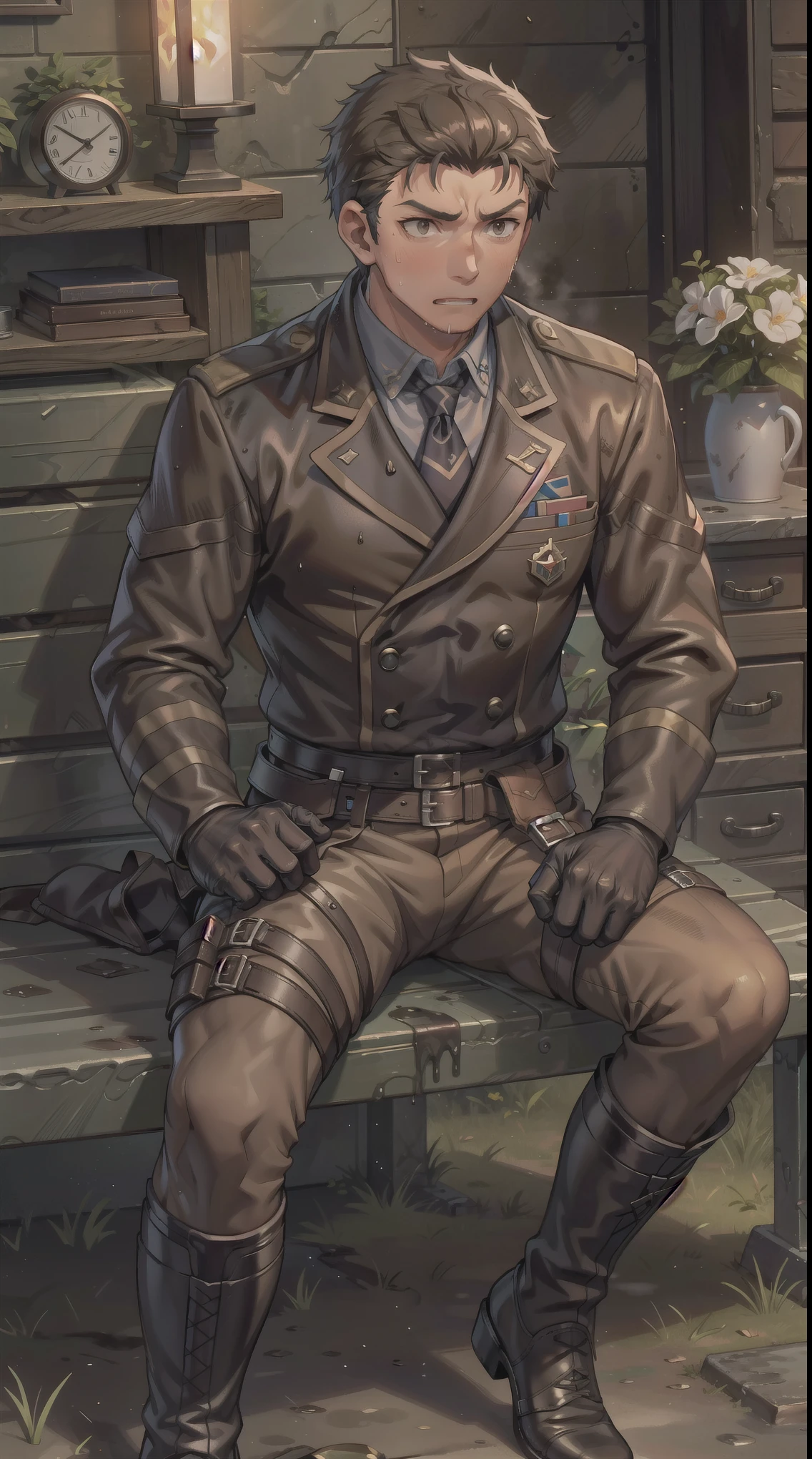 Hector Fay, Ultra high quality cg, solitary, Looking at the audience, Open your mouth, Sweating, Wet, Drooling, Gloves, 1 man, whole body, Sitting astride，Male focus, tie，shirt， military uniform，Military Pants，A holster on his thigh，Wearing dirty combat boots
