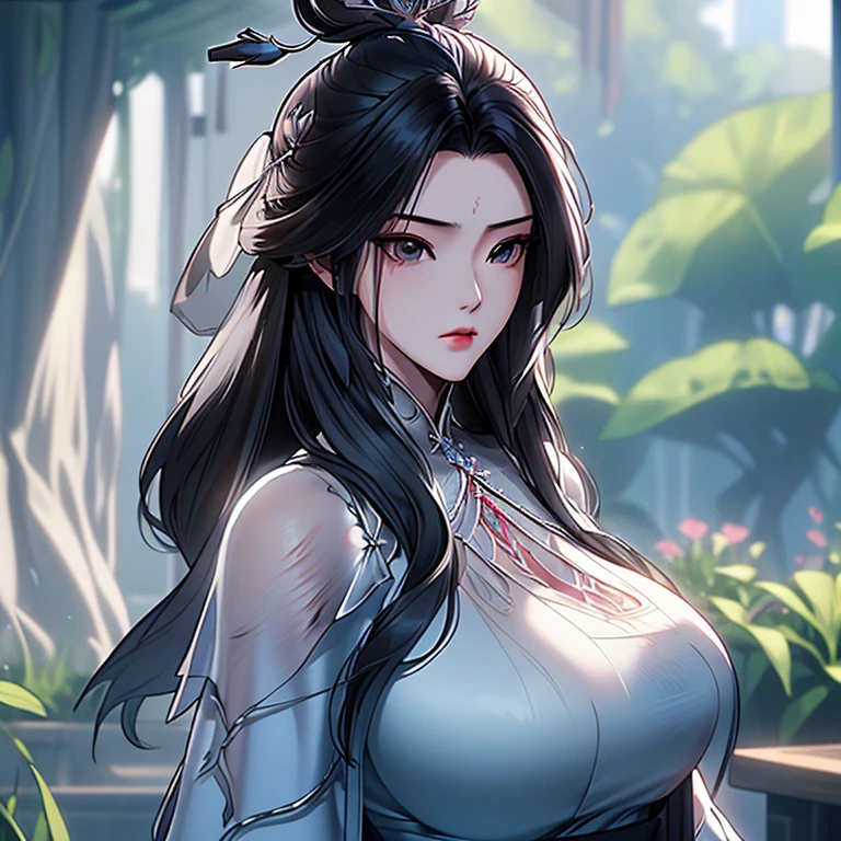 olo, highly detailed, cinematic highlight hair, (best quality), ((masterpiece)),1 woman,milf,female,adult,Hanfu, black hair,simple_background, bule eye, long hair,hanfu, peiyuhan, (gigantic_breasts),see-through,cleavage cutout,white cloth