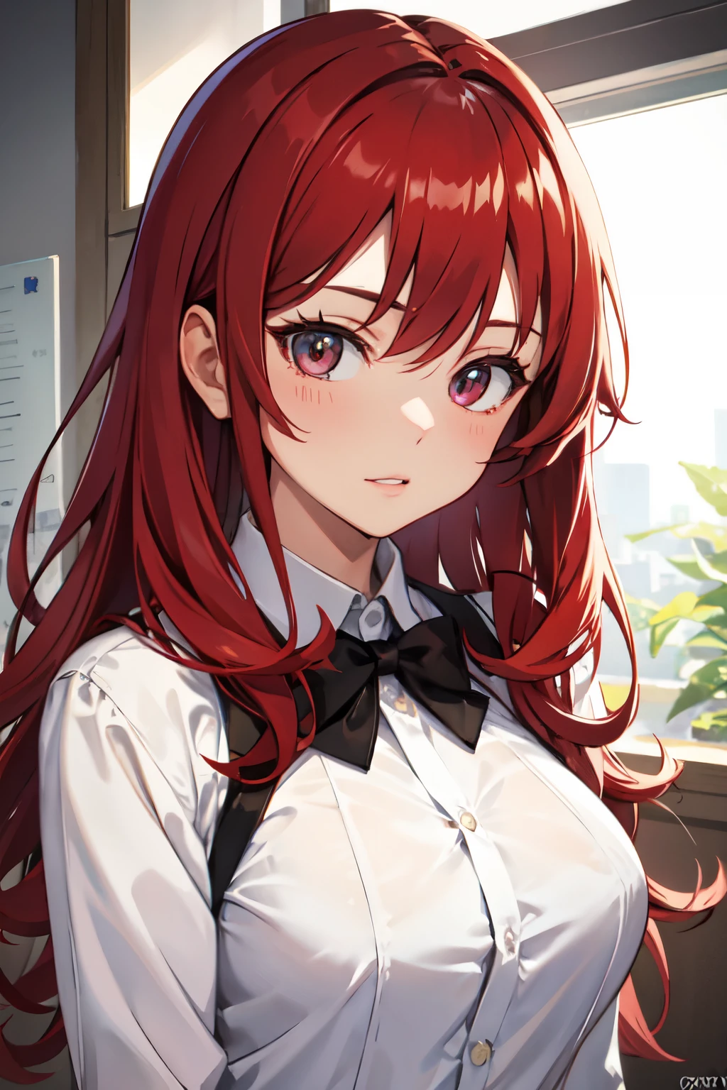 (Obra maestra, mejor calidad, alta calidad), tiro de vaquero, maki nishikino, cabello rojo, ojos morados,1 chica, solo, senos, mirando al espectador, golpes, Falda, large senos, camisa, pelo entre los ojos, Session, boca cerrada, , white camisa, mangas cortas, pleated Falda, serafuku, adentro, miniFalda, cuello marinero, blue Falda, top corto, handkerchief, sin sujetador, debajo del pecho,