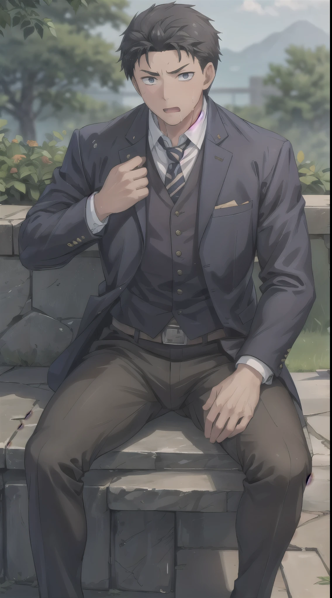 Hector Fay, Ultra high quality cg, solitary, Looking at the audience, Open your mouth, Sweating, Wet, Drooling,, 1 man,White shirt,tie，Suit，Fighting Stance， Male focus,belt，Trousers，leather shoes，Open your legs，Sitting astride
