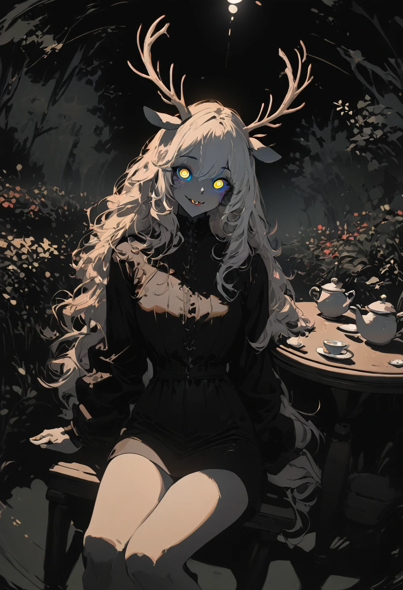 1girl, perfect anatomy, mesmerizing hazelnut eyes, antlers, 8k resolution, (one person), (realism: 1.2), (masterpiece: 1.2), (cowboy frame: 1.2), dark romantic lighting, (high detail: 1.2), (detailed face: 1.2), (full body shot: 1.2), (gradients), bright, detailed eyes, (natural light: 1.2), (masterpiece, top quality, best quality, beautiful and aesthetic:1.2), (flat color:1.3), high resolution, extremely detailed, original, colorful, dynamic curves, (fisheye:1.2), solo, garden, outdoors, forest in the background, sitting on a garden chair, table with tea set, plants, bramble, perfect lighting, vampire fangs, deer ears, long hair, multicolored hair, cream shirt, ebony jacket, perfect facial features, perfect angle, perfectly drawn eyes, smile, full-length