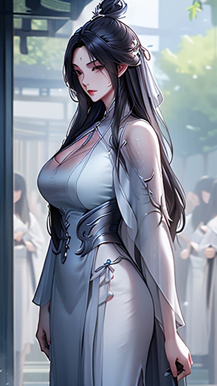 olo, highly detailed, cinematic highlight hair, (best quality), ((masterpiece)),1 woman,milf,female,adult,Hanfu, black hair,simple_background, bule eye, long hair,hanfu, peiyuhan, (gigantic_breasts),see-through,cleavage cutout,white cloth