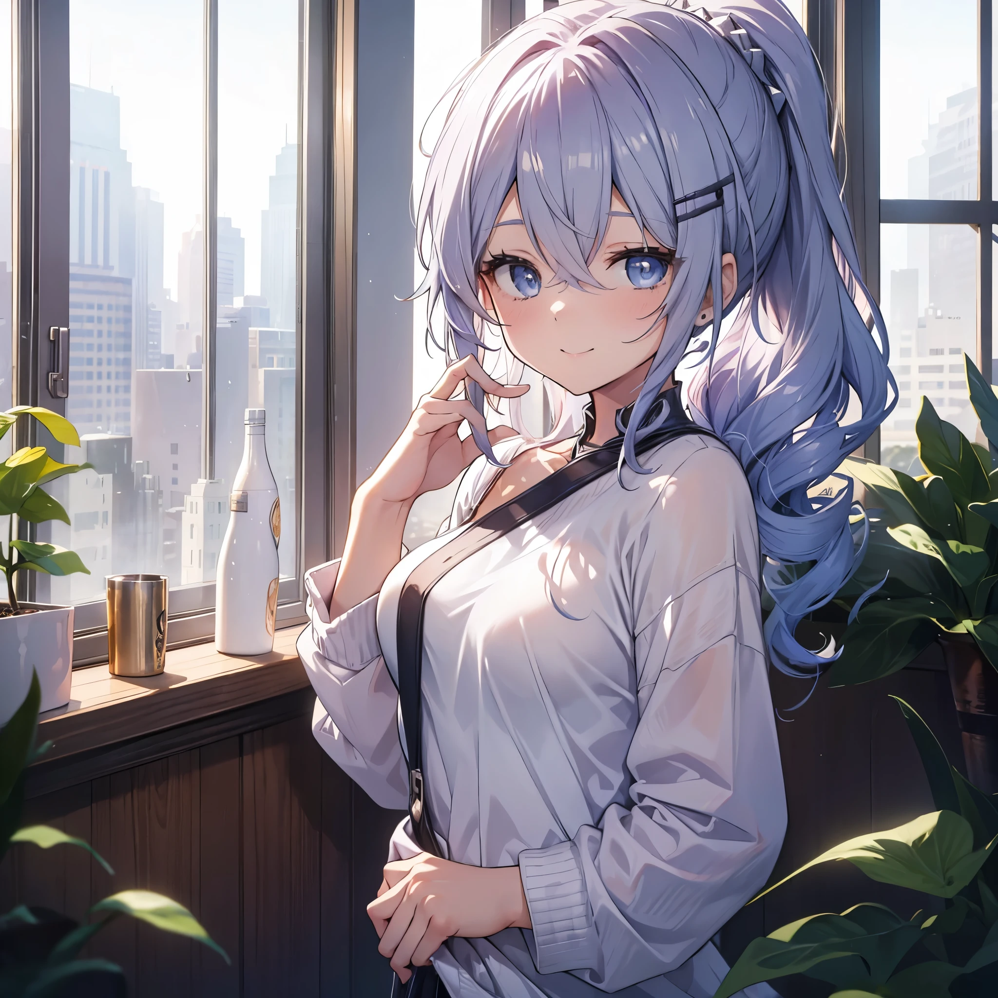 woman, ((female face)), happy, ((smiling, open mouth)), ((light lilac eyes)), nose, ((giant lilac hair)), ((fringe)), ((sweatshirt)), ((skirt)), ((body lights effect))