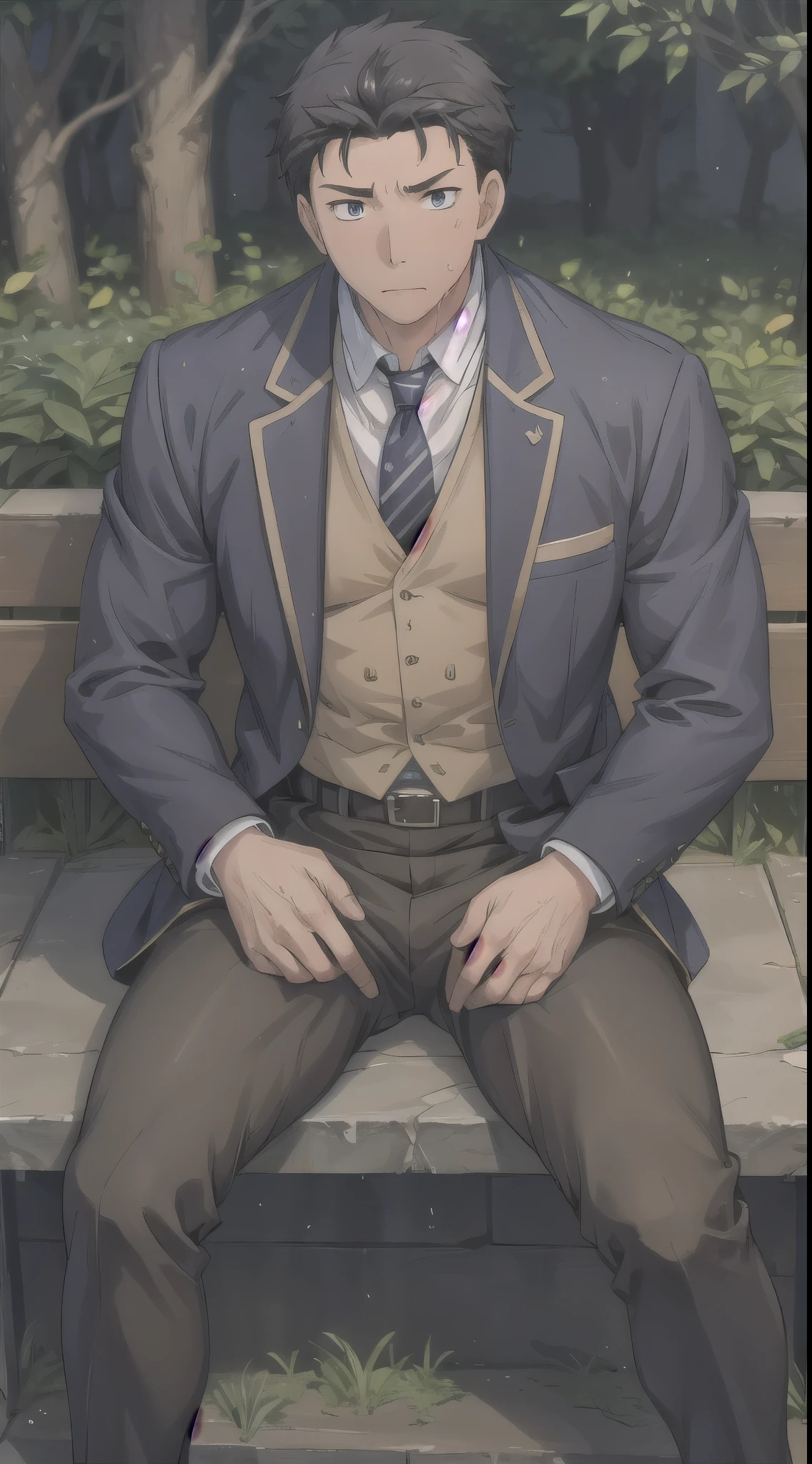 Hector Fay, Ultra high quality cg, solitary, Looking at the audience, Open your mouth, Sweating, Wet, Drooling,, 1 man,White shirt,tie，Suit，Fighting Stance， Male focus,belt，Trousers，leather shoes，Open your legs，Sitting astride
