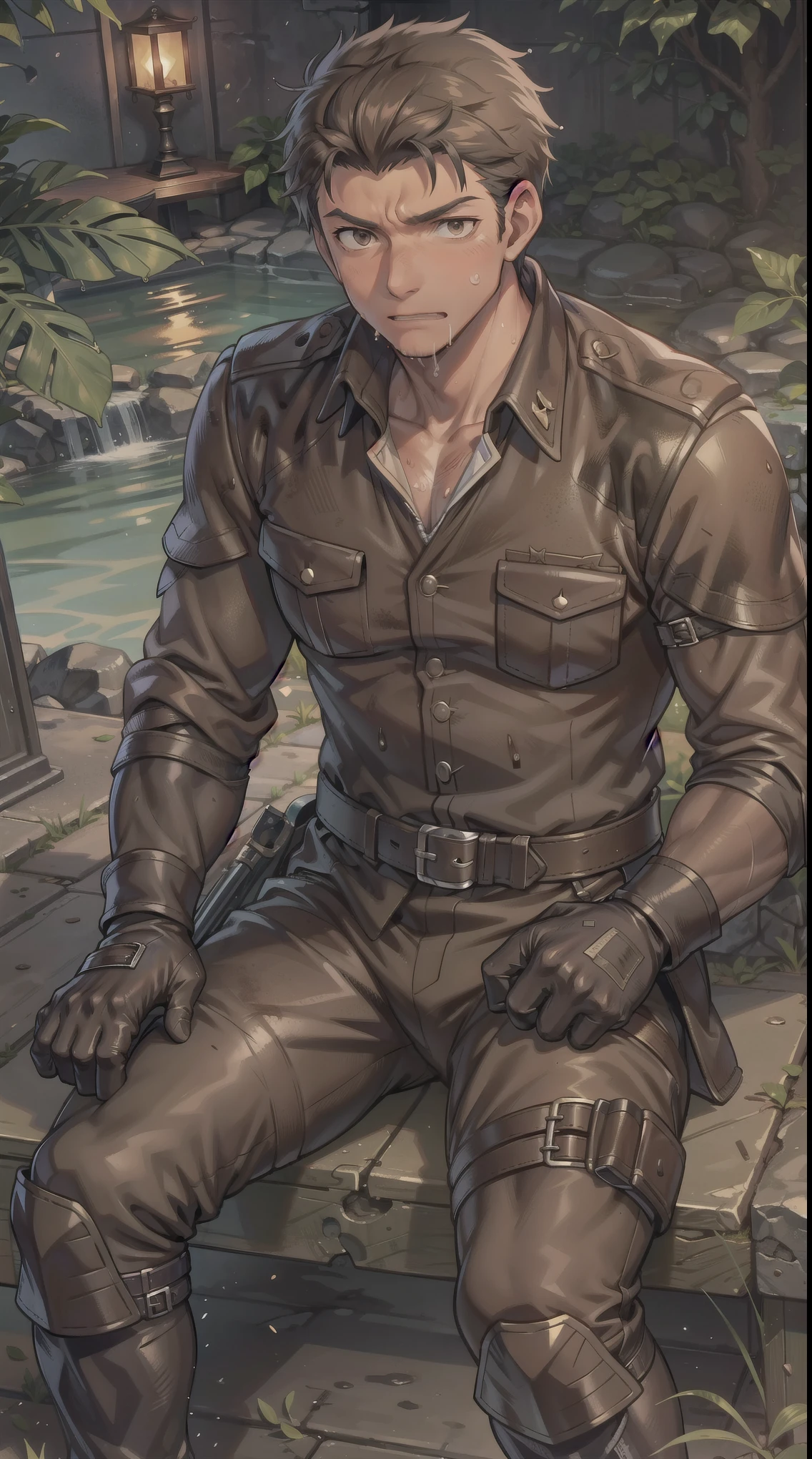 Hector Fay, Ultra high quality cg, solitary, Looking at the audience, Open your mouth, Sweating, Wet, Drooling, Gloves, 1 man, whole body, Sitting astride，Male focus, tie，shirt， military uniform，Military Pants，A holster on his thigh，Wearing dirty combat boots
