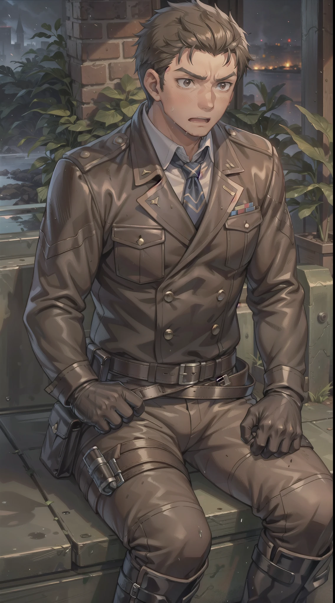 Hector Fay, Ultra high quality cg, solitary, Looking at the audience, Open your mouth, Sweating, Wet, Drooling, Gloves, 1 man, whole body, Sitting astride，Male focus, tie，shirt， military uniform，Military Pants，A holster on his thigh，Wearing dirty combat boots
