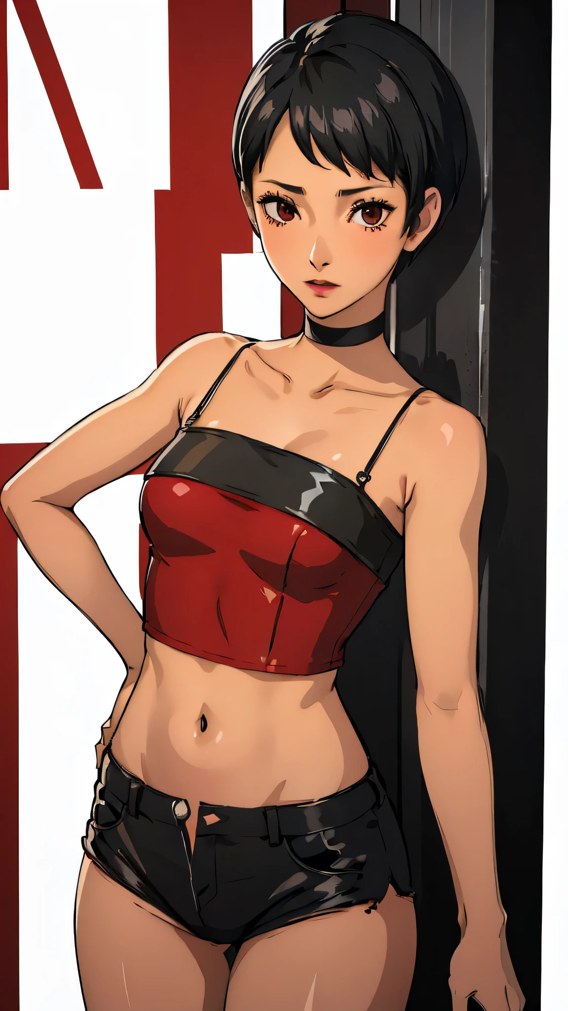 1 girl, Red eyes, very Short hair, black choker, black lipstick, cowboy shot, unexpresive face, small breast, black hair, female , tomboy Pixie haircut, stockings, micro bandeau, extreme micro shorts with Open fly, wheatskin, front face portrait, white background