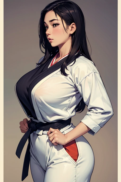 1 Female Protagonist, Judo Pose, Oversized Breasts, Standing
Detailed Portrayal: A single female character is depicted in a dynamic judo pose, her large breasts modestly covered by a judo gi. The high-resolution image captures an intense moment of focus on her face, accentuated by her defined features, thick eyebrows, and a determined expression. Her form is sculpted, with hyper-defined muscles and a curvaceous physique, her skin exhibiting a natural glow. The image is rendered in 4K quality, and the detailed body and ultra-detailed eyes are reminiscent of a masterpiece. The judo gi flares open slightly,