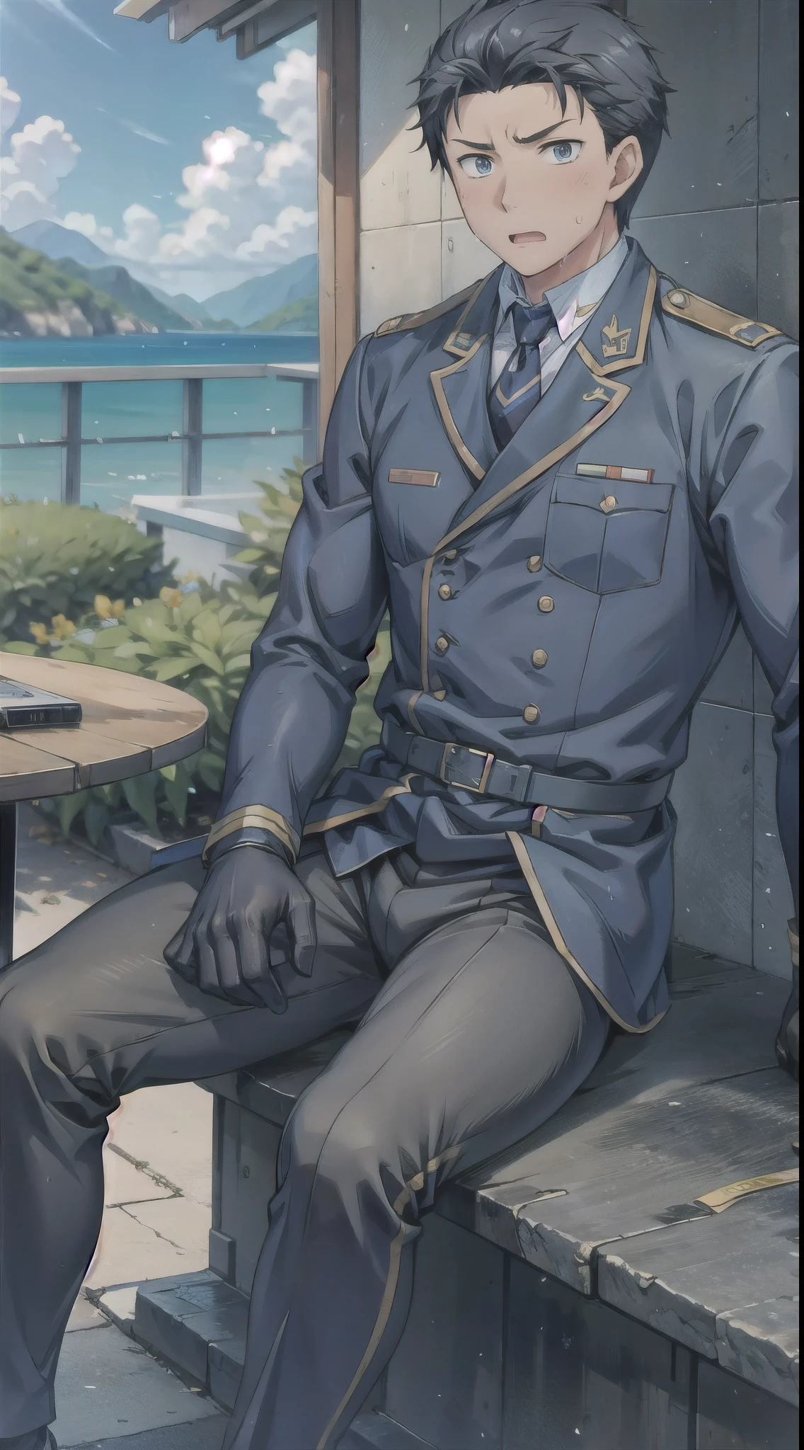 Hector Fay, Ultra high quality cg, solitary, Looking at the audience, Open your mouth, Sweating, Wet, Drooling, Gloves, 1 man,, Male focus, tie，shirt， military uniform，Lie down with your legs open
