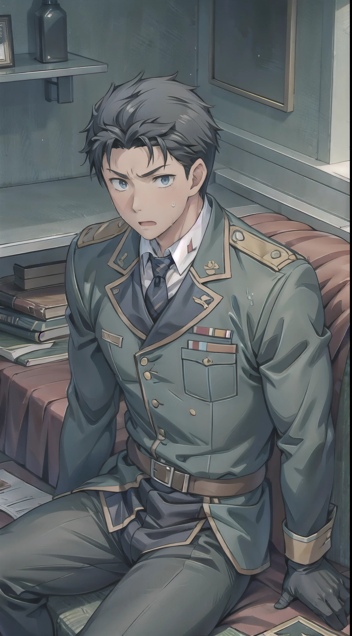 Hector Fay, Ultra high quality cg, solitary, Looking at the audience, Open your mouth, Sweating, Wet, Drooling, Gloves, 1 man,, Male focus, tie，shirt， military uniform，Lie down with your legs open
