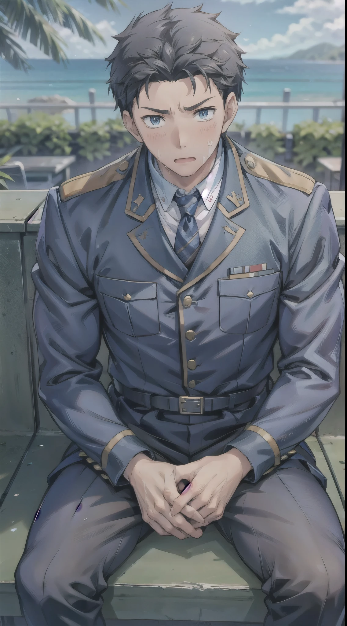 Hector Fay, Ultra high quality cg, solitary, Looking at the audience, Open your mouth, Sweating, Wet, Drooling, Gloves, 1 man,, Male focus, tie，shirt， military uniform，Lie down with your legs open
