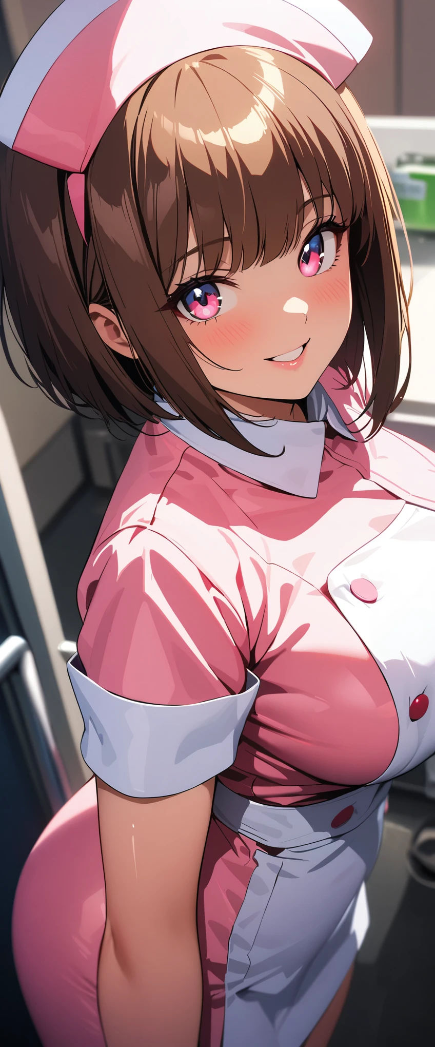 (beautiful girl: 1.3),1girl,masterpiece,Highest quality,Ultra-high resolution,rich contrast,super high quality,8k,Highly detailed CG unit wallpaper,texture,Incredibly absurd,RAW Photos,Highest quality anime,Depth of Field 1.2,Ultra-detailed eyes,Glowing Skin,Glitter effect,Beautiful glossy lips,(Brown Hair,Sharp Bob),nurse uniform,Nurse working at the hospital,syringe,exceptional smile,white nurse uniform,Large Breasts,Big Round Ass,(Rear View:1.5)