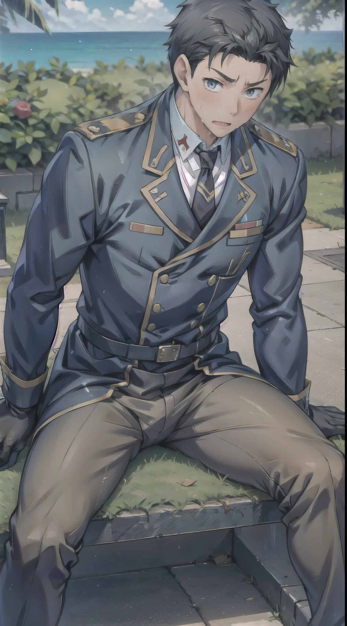 Hector Fay, Ultra high quality cg, solitary, Looking at the audience, Open your mouth, Sweating, Wet, Drooling, Gloves, 1 man,, Male focus, tie，shirt， military uniform，Lie down with your legs open
