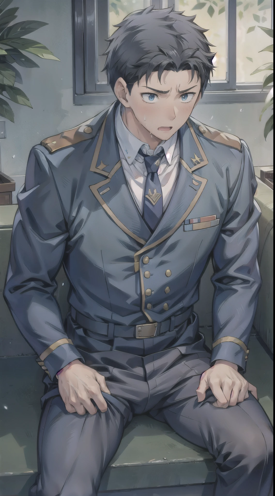 Hector Fay, Ultra high quality cg, solitary, Looking at the audience, Open your mouth, Sweating, Wet, Drooling, Gloves, 1 man,, Male focus, tie，shirt， military uniform，Lie down with your legs open
