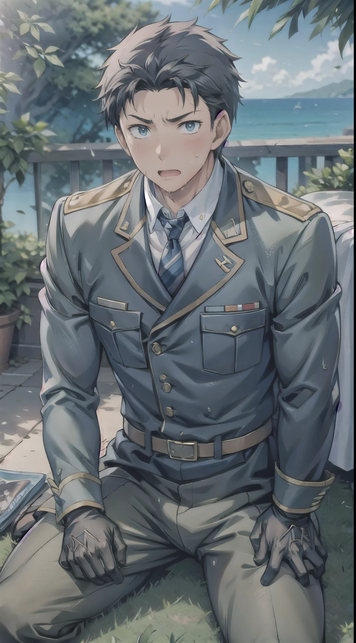 Hector Fay, Ultra high quality cg, solitary, Looking at the audience, Open your mouth, Sweating, Wet, Drooling, Gloves, 1 man,, Male focus, tie，shirt， military uniform，Lie down with your legs open
