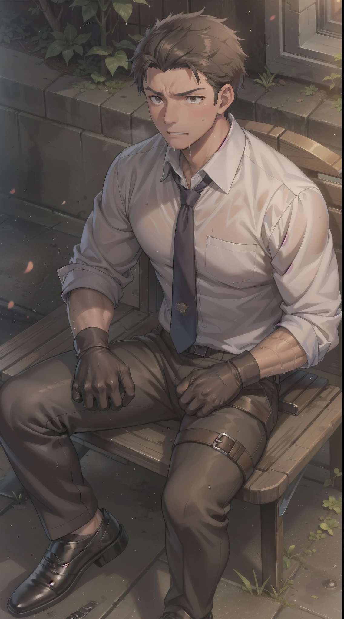 Hector Fay, Ultra high quality cg, solitary, Looking at the audience, Open your mouth, Sweating, Wet, Drooling, Gloves, 1 man, whole body, Sitting astride，Male focus, tie，shirt， Suit，Trousers，A holster on his thigh，Wearing dirty shoes