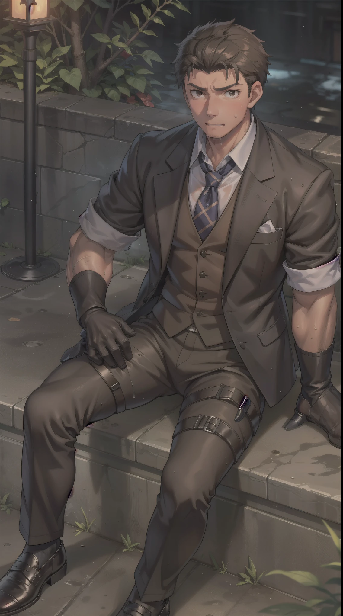 Hector Fay, Ultra high quality cg, solitary, Looking at the audience, Open your mouth, Sweating, Wet, Drooling, Gloves, 1 man, whole body, Sitting astride，Male focus, tie，shirt， Suit，Trousers，A holster on his thigh，Wearing dirty shoes