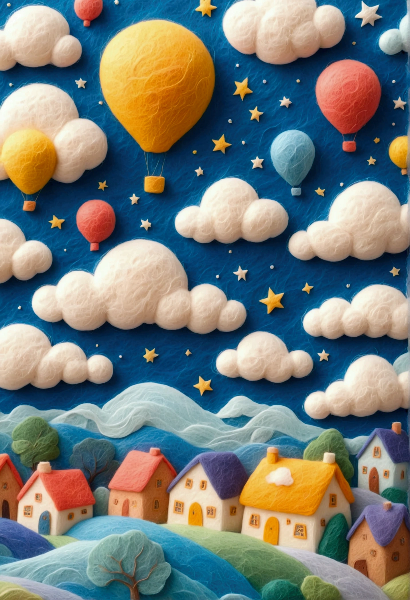 very strong felt style:1.59.a painting on blue paper showing a starry sky and a village, in the style of art nouveau organic flowing lines, futuristic chromatic waves, intricate and bizarre illustrations, swirling vortexes, detailed character illustrations, colorful turbulence, high resolution