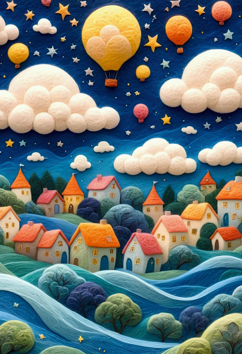 very strong felt style:1.59.a painting on blue paper showing a starry sky and a village, in the style of art nouveau organic flowing lines, futuristic chromatic waves, intricate and bizarre illustrations, swirling vortexes, detailed character illustrations, colorful turbulence, high resolution