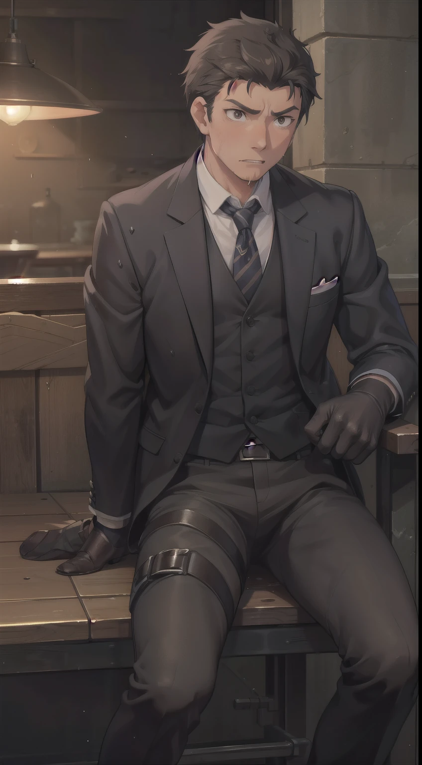 Hector Fay, Ultra high quality cg, solitary, Looking at the audience, Open your mouth, Sweating, Wet, Drooling, Gloves, 1 man, whole body, Sitting astride，Male focus, tie，shirt， Suit，Trousers，A holster on his thigh，Wearing dirty shoes