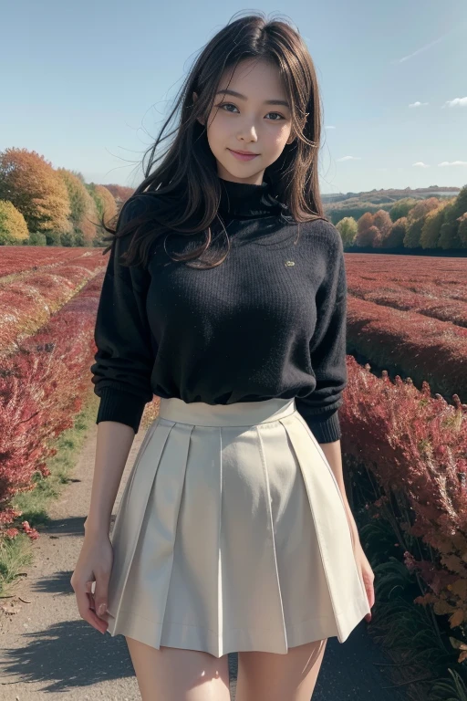 (masutepiece), (Best Quality), Realistic, Photorealism, 1girl, Beautiful woman, Perfect face, Perfect body、(Fashionable autumn clothes) , light smile, medium breast, Early morning sunlight, Her skirt flutters in the strong north wind, Vast autumn flower fields, realistic skin textures、high-level image quality、hight resolution、realistic、