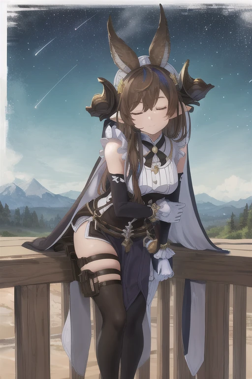 masterpiece, Best Quality, One girl,  Galleon Def, horn, Eyes closed, dress, White gloves, Frills, Detached sleeves, Frills袖, thighhighs, Thigh straps, Pelvic Curtain, blue null, Border, Fantasy, Mountain Horizon, Outdoor, reflection, scenery, null, star (null), starry null, Mouth closed, Expressionless, Leaning forward, Staring at the viewer, Pulling on shirt, Alone, standing, v Arms