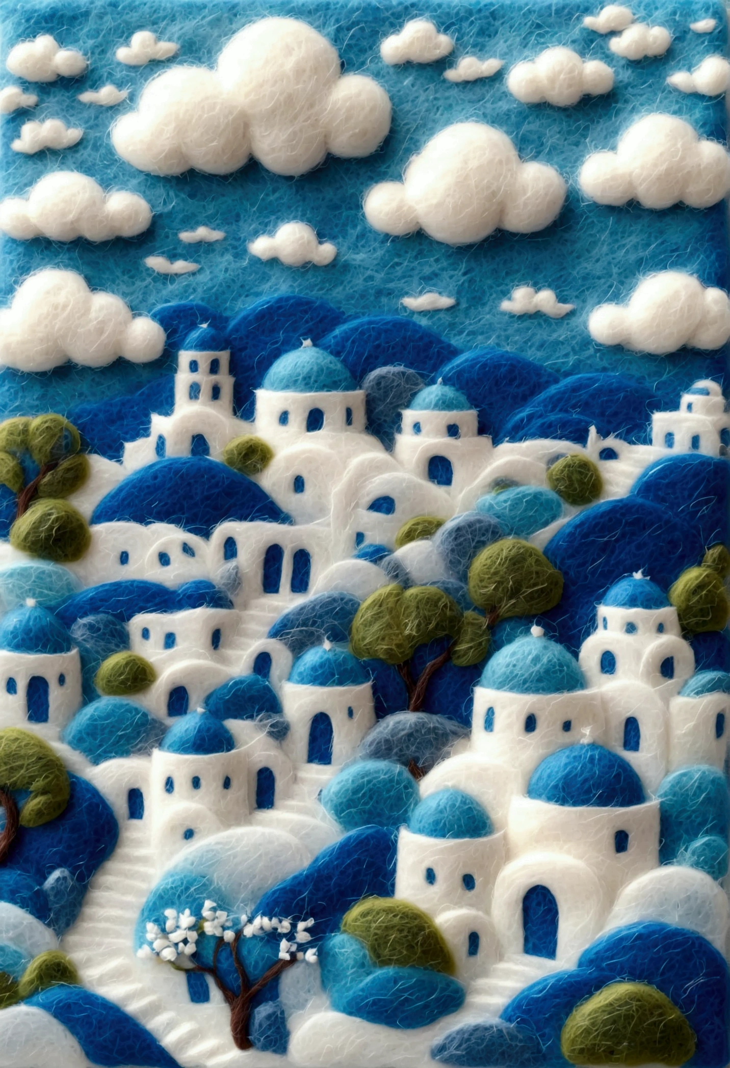 very strong felt style:1.59.Greek Fantasy Panorama, greek fantasy landscape, Baishi Ancient City, Beautiful details miniature, Blue! and white, Blue and white