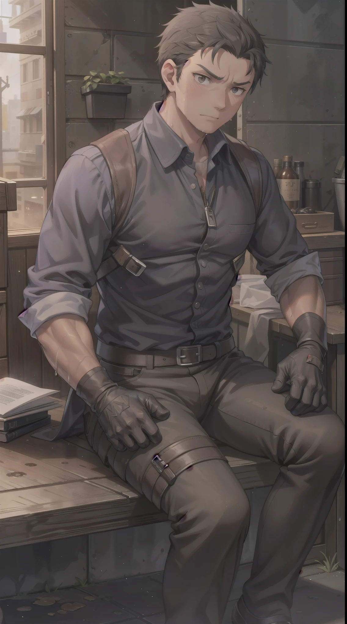 Hector Fay, Ultra high quality cg, solitary, Looking at the audience, Open your mouth, Sweating, Wet, Drooling, Gloves, 1 man, whole body, Sitting astride，Male focus, tie，shirt，Trousers，A holster on his thigh，Wearing dirty shoes