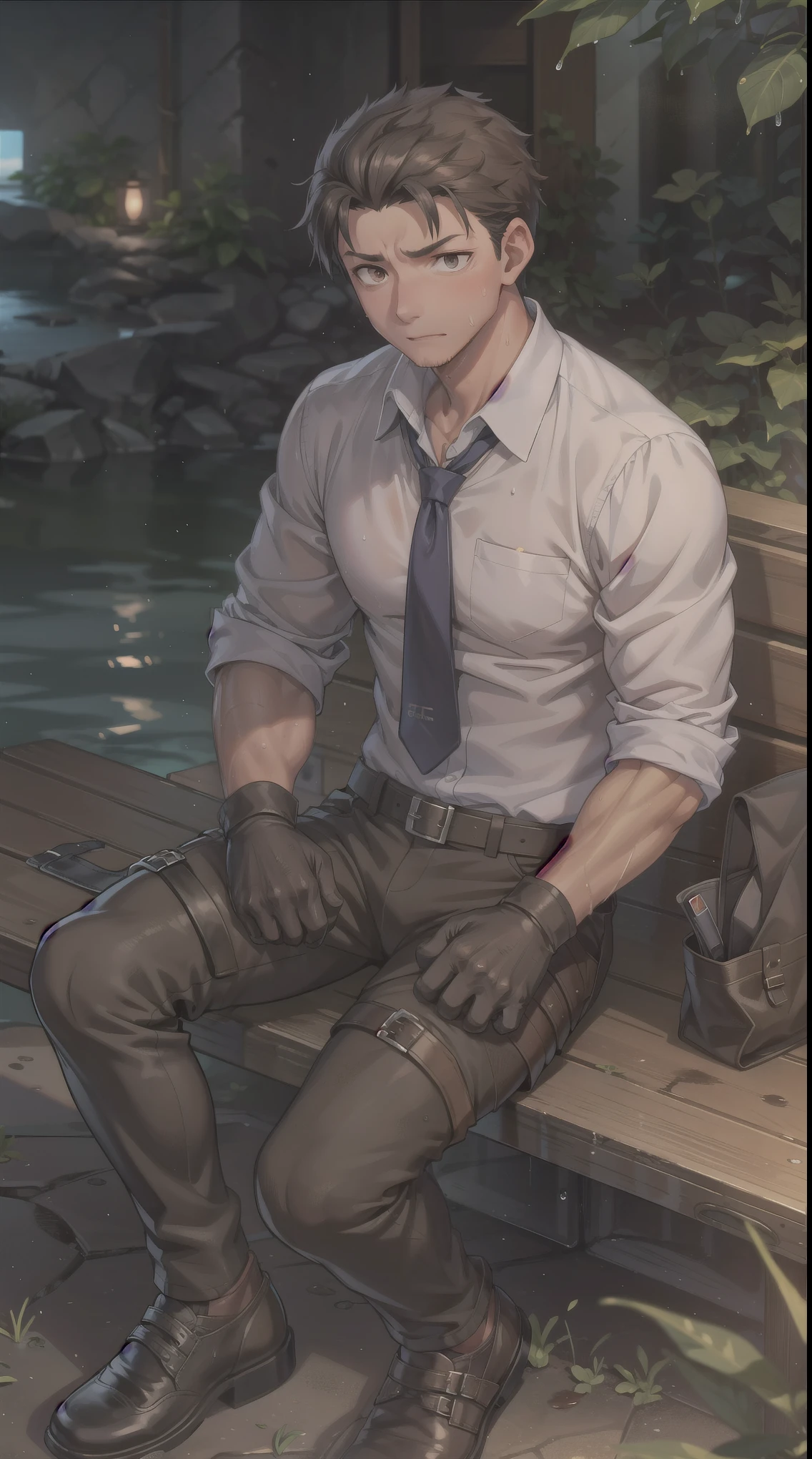 Hector Fay, Ultra high quality cg, solitary, Looking at the audience, Open your mouth, Sweating, Wet, Drooling, Gloves, 1 man, whole body, Sitting astride，Male focus, tie，shirt，Trousers，A holster on his thigh，Wearing dirty shoes