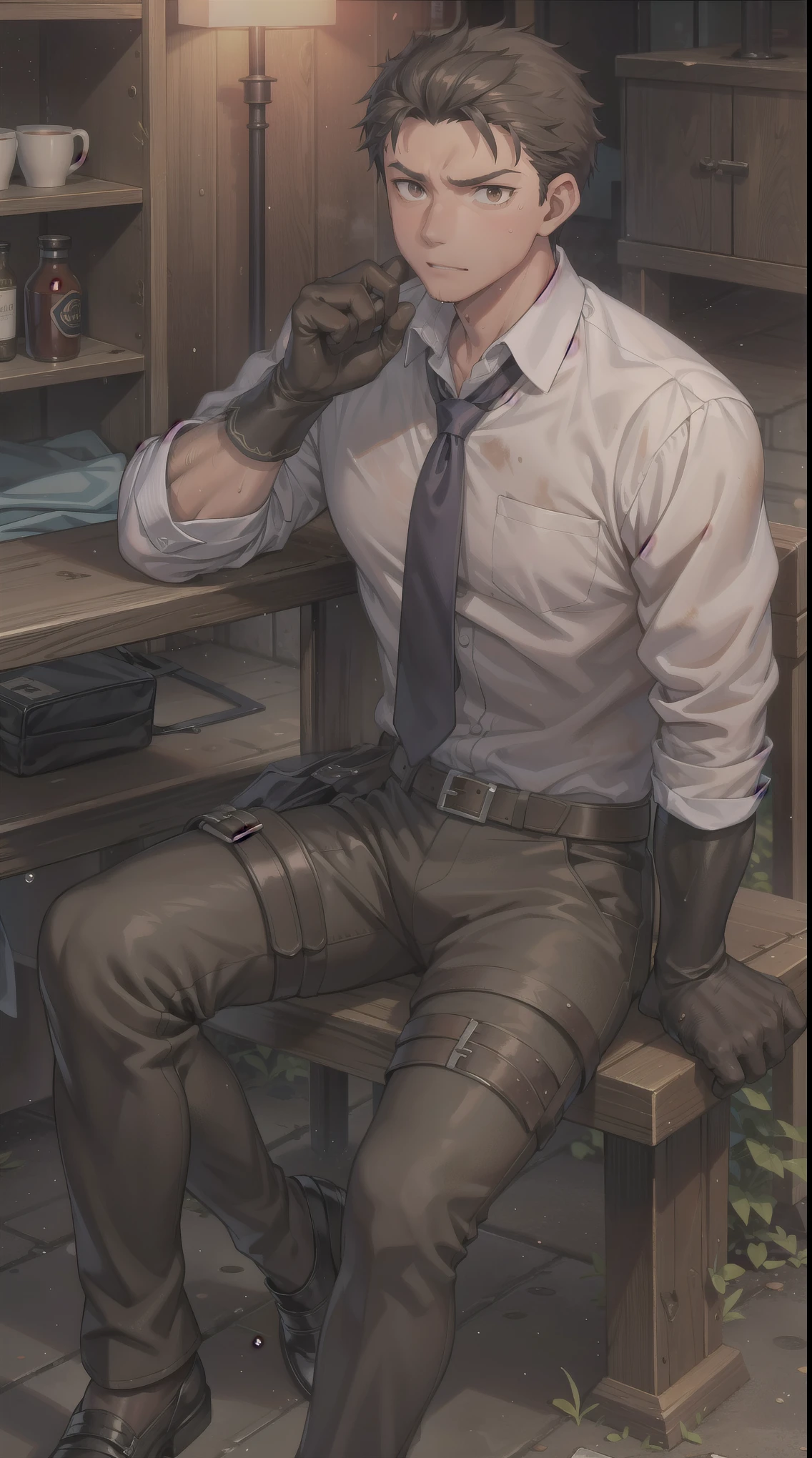 Hector Fay, Ultra high quality cg, solitary, Looking at the audience, Open your mouth, Sweating, Wet, Drooling, Gloves, 1 man, whole body, Sitting astride，Male focus, tie，shirt，Trousers，A holster on his thigh，Wearing dirty shoes