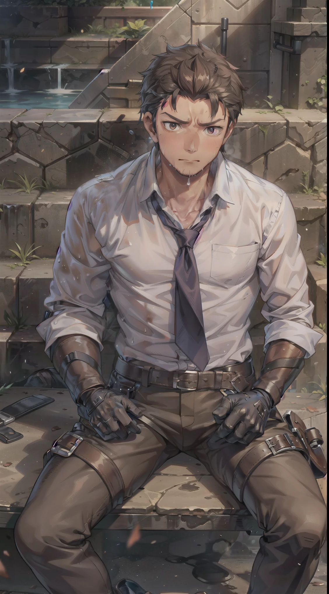 Hector Fay, Ultra high quality cg, solitary, Looking at the audience, Open your mouth, Sweating, Wet, Drooling, Gloves, 1 man, whole body, Sitting astride，Male focus, tie，shirt，Trousers，A holster on his thigh，Wearing dirty shoes