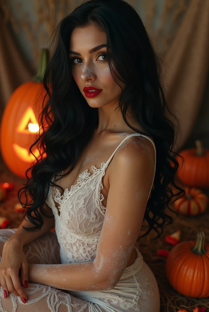 Generate full-body photography of Autumn, the stunning brunette influencer. She should appear in her mid-20s, approximately 5'4" tall, with long, wavy chestnut hair that falls gracefully on her shoulders. She has an athletic hourglass figure accentuated by her full bust. Her complexion should be flawless, with a warm, sun-kissed tan. Autumn's expressive brown eyes should radiate charisma, and she should have a relaxed and confident demeanor.For this dim-lit Halloween-themed scene, Autumn is nude and her topless chest exudes an alluring charm. Her tan skin in the dim light accentuates her curves while maintaining an air of sophistication. Surround Autumn with subtle, dimmed lighting that casts captivating shadows, creating an enchanting atmosphere. Include Halloween-themed elements in the background, like softly glowing pumpkins or candles, to evoke the holiday spirit. Pose Autumn gracefully on all fours with her back arched, creating an enchanting and sensual image that captures the essence of the dim-lit Halloween scene.Ensure the image is both romantic and alluring, emphasizing Autumn's captivating presence within this captivating setting