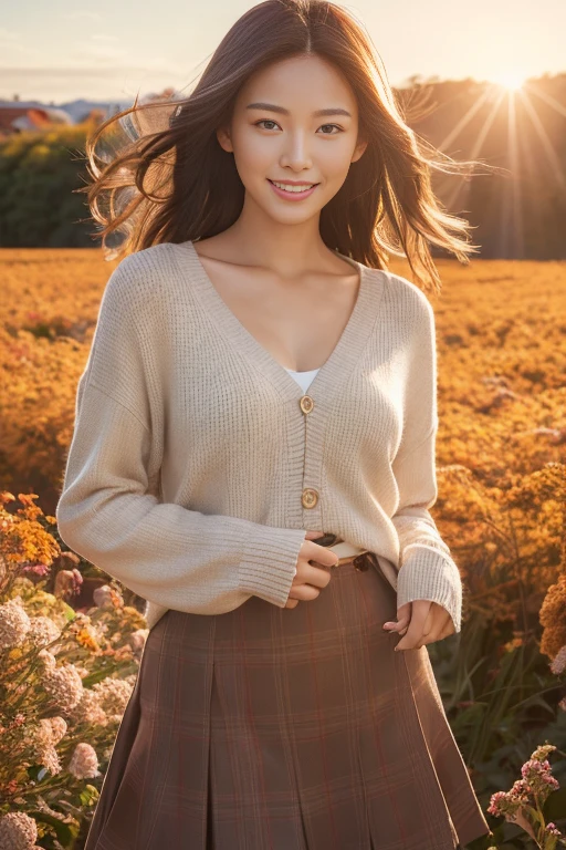 (masutepiece), (Best Quality), Realistic, Photorealism, 1girl, Beautiful woman, Perfect face, Perfect body、(Fashionable autumn clothes) , light smile, medium breast, Early morning sunlight, Her skirt flutters in the strong north wind, Vast autumn flower fields, realistic skin textures、high-level image quality、hight resolution、realistic、