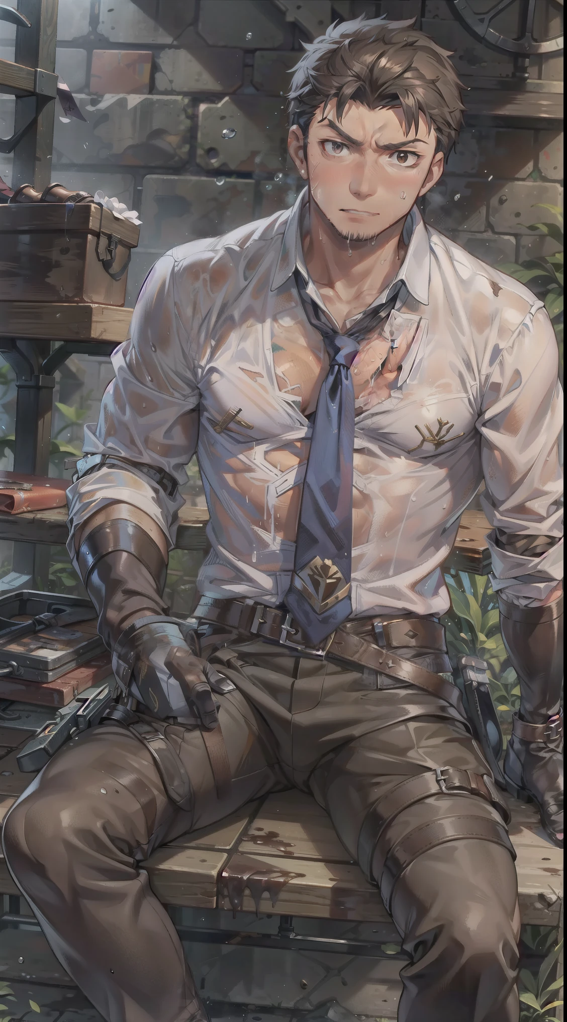 Hector Fay, Ultra high quality cg, solitary, Looking at the audience, Open your mouth, Sweating, Wet, Drooling, Gloves, 1 man, whole body, Sitting astride，Male focus, tie，shirt，Trousers，A holster on his thigh，Wearing dirty shoes