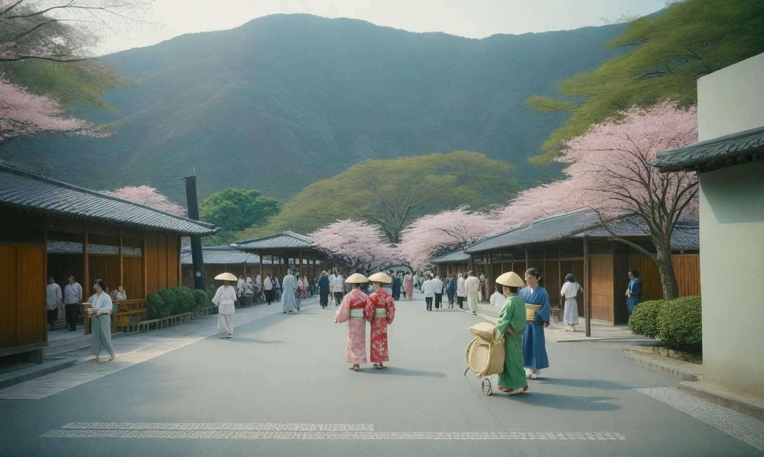 modern craft resort, sakura trees, greenery landscape, in the village  of Suburban from distance with green moutain, ( crowded people : 1.7) , clear sky, day light time, warm lighting RAW Photo, RAW texture, Super Realistic, 32K UHD, DSLR, soft lighting, high quality, film rating, Fujifilm XT3, ( many crowd of japanese people with kimono : 1.3)  in front of building, Highlight insanely beautiful Japanese woman, wearing traditional Japanese clothing; Tokyo crowd, early morning busy street scene, dynamic action poses, extremely happy festive moment, fashio photography, Holga photography, analog camera, lo-fi, detailed composition, cinematic lighting, cyclorama effect, fashion shoot.