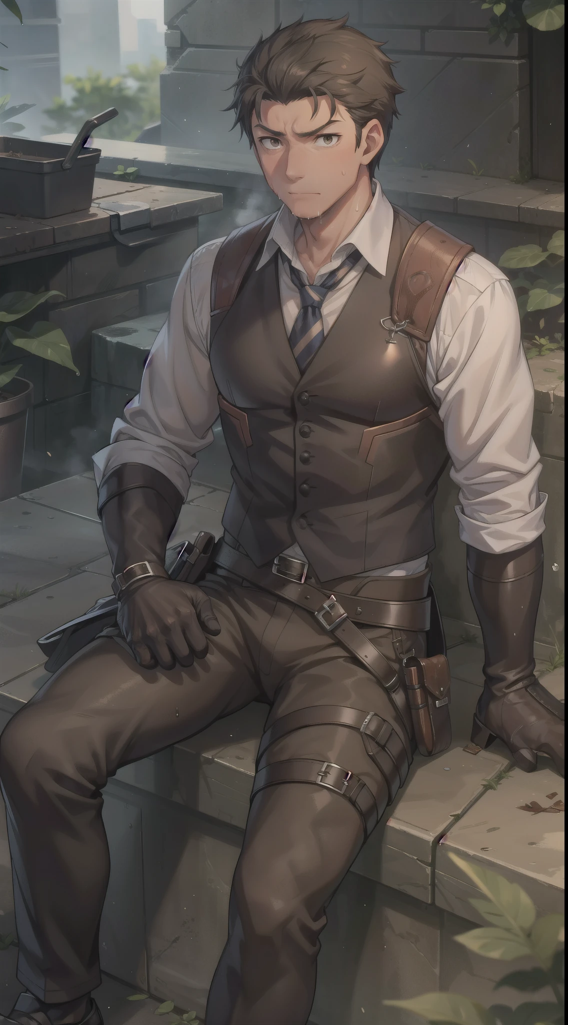 Hector Fay, Ultra high quality cg, solitary, Looking at the audience, Open your mouth, Sweating, Wet, Drooling, Gloves, 1 man, whole body, Sitting astride，Male focus, tie，shirt，Trousers，A holster on his thigh，Wearing dirty shoes